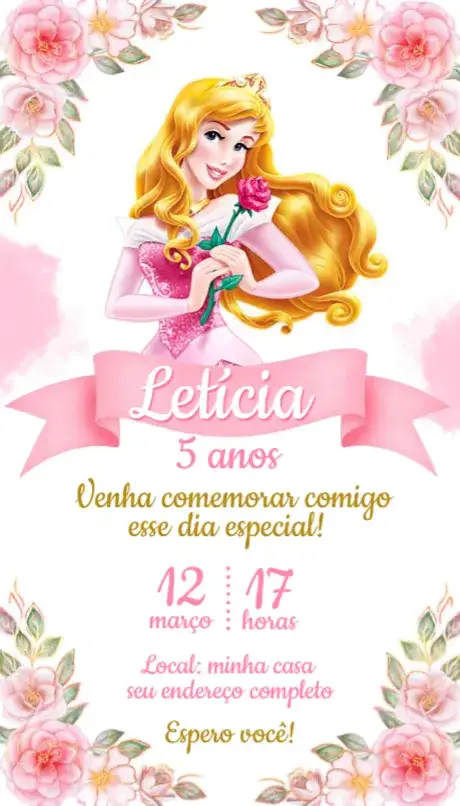 Convite Convite Bela Adormecida – tema Aniversário cores suaves, estilo encantado, ilustrações de princesas, design delicado, toque mágico
