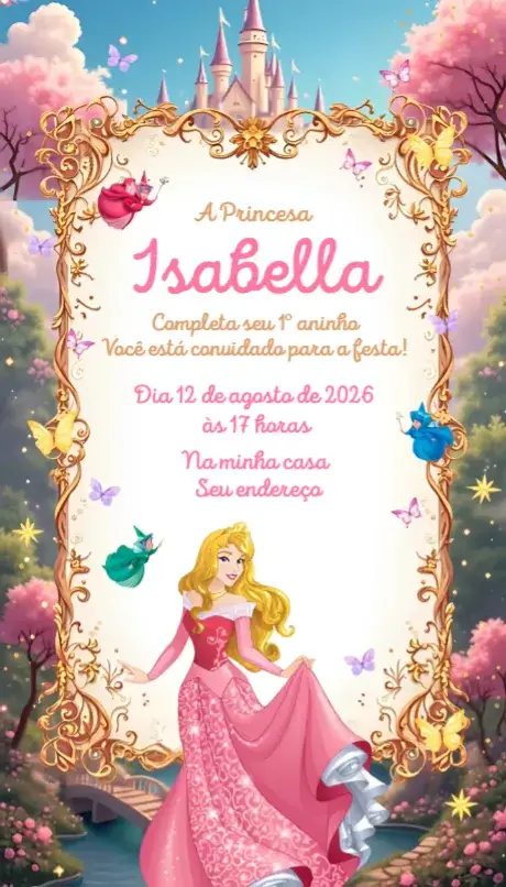 Convite Convite Bela Adormecida – tema Aniversário cores pastéis, fantasia, elementos de conto de fadas, estilo delicado, princesas da Disney