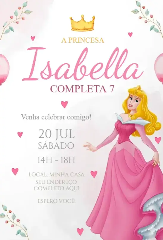 Convite Convite Bela Adormecida – tema Aniversário romântico, fantasia, cores pastel, ilustrações de princesas, estilo conto de fadas