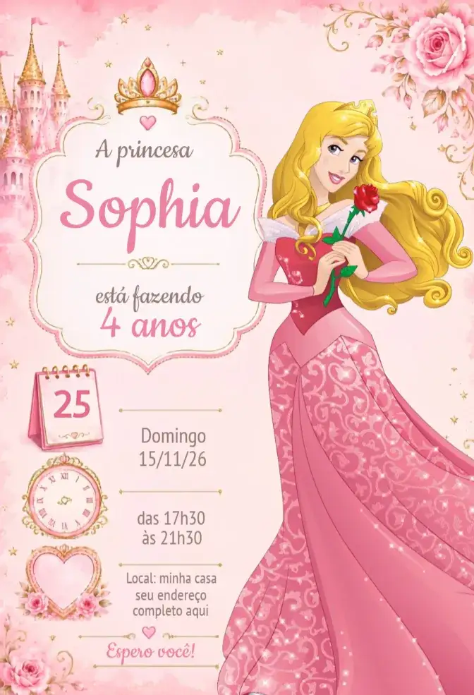Convite Convite Bela Adormecida – tema Aniversário cores suaves, elementos de conto de fadas, estilo elegante, ilustrações de princesas, design lúdico, inspirado na disney