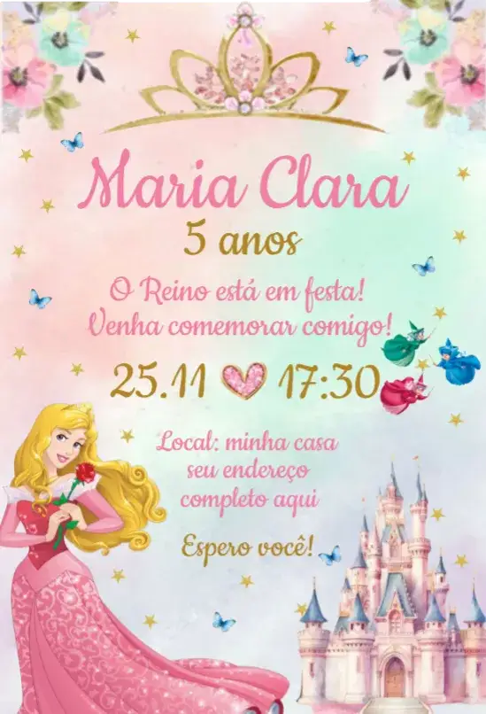 Convite Convite Bela Adormecida – tema Aniversário pastel, romântico, lúdico, princesa, mágico