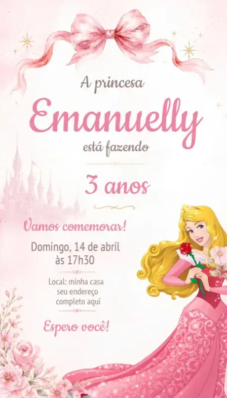 Convite Convite Bela Adormecida Aurora – tema Aniversário cores pastel, estilo conto de fadas, elementos florais, detalhes em rosa, ilustrações lúdicas, design romântico