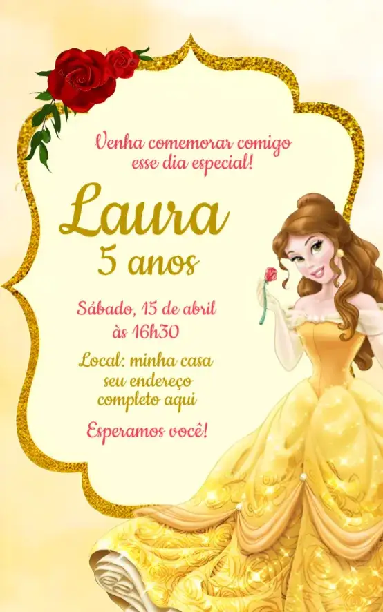 Convite Convite Bela e a Fera – tema Aniversário temática Disney, cores vibrantes, elementos de conto de fadas, estilo romântico, detalhes dourados
