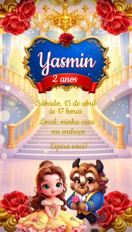 Convite Convite Bela e a Fera Baby – tema Aniversário Infantil mágico, colorido, lúdico, fantasia, infantil, divertido
