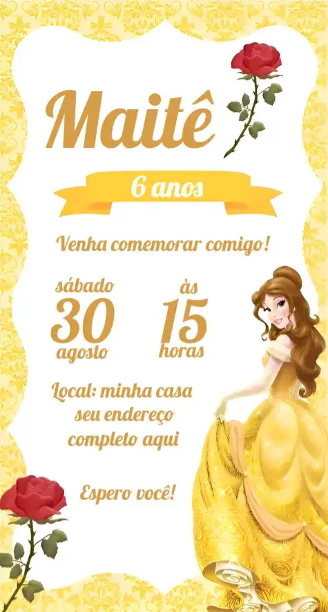 Invitation Convite Bela e a Fera – Aniversário theme cores vibrantes, estilo Disney, elementos de conto de fadas, design encantador, ilustrações coloridas