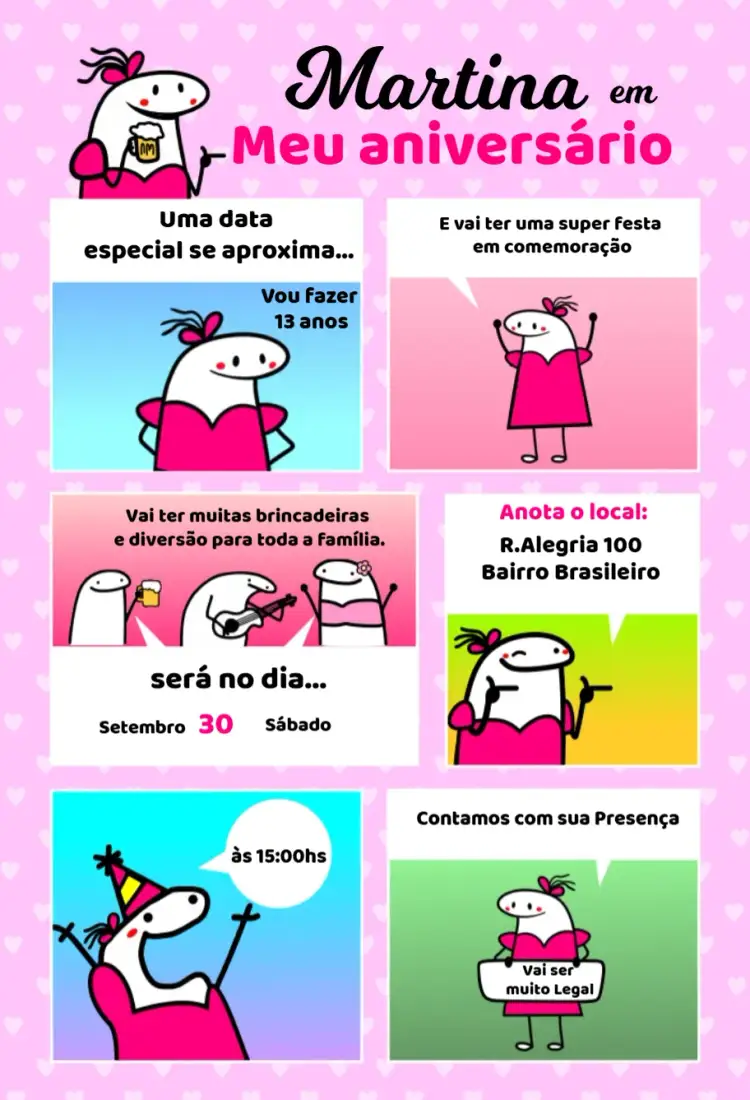 Invitación Convite Bento Cake Feminino Gibi – tema Aniversário Infantil rosa, divertido, ilustrações de quadrinhos, feminino, colorido, moderno