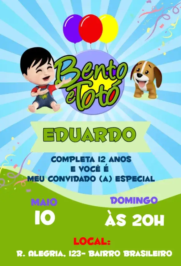 Invitación Invitación Bento y Totó – tema Cumpleaños Infantil colorido, lúdico, divertido, temático, alegre, infantil