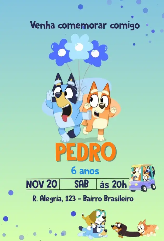 Invitación Invitación Bingo y Globos Bluey – tema Cumpleaños Infantil colorido, divertido, infantil, lúdico, temático, vibrante