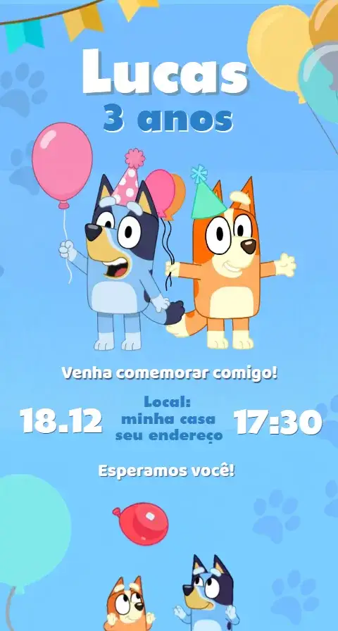 Convite Convite Bluey – tema Aniversário azul, infantil, divertido, lúdico, colorido, moderno