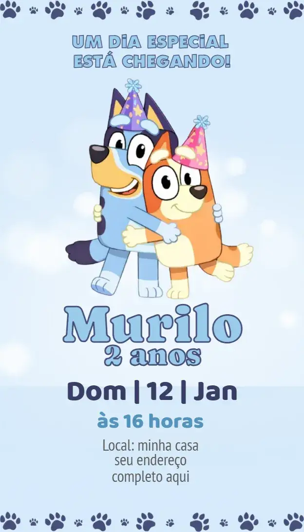 Convite Convite Bluey – tema Aniversário azul, divertido, infantil, colorido, temático, ilustrações