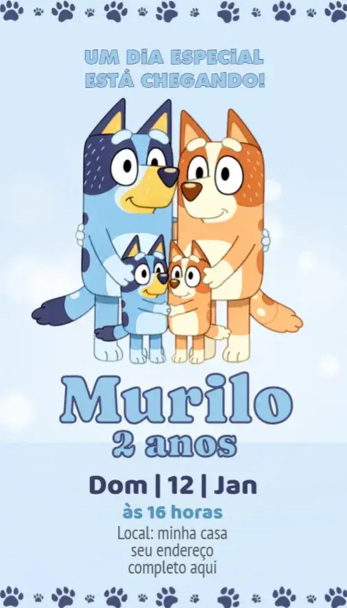 Convite Convite Bluey – tema Aniversário azul, divertido, animado, infantil, colorido