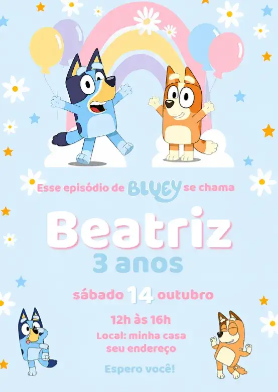 Convite Convite Bluey – tema Aniversário azul, rosa, lúdico, divertido, infantil, moderno