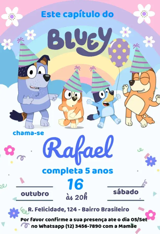 Invitación Convite Bluey, Bingo e Família – tema Aniversário Infantil cores vibrantes, estilo divertido, elementos gráficos de cachorro, tema azul, ilustrações alegres
