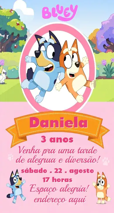 Convite Convite Bluey Digital – tema Aniversário colorido, divertido, infantil, temático, animado, familiar