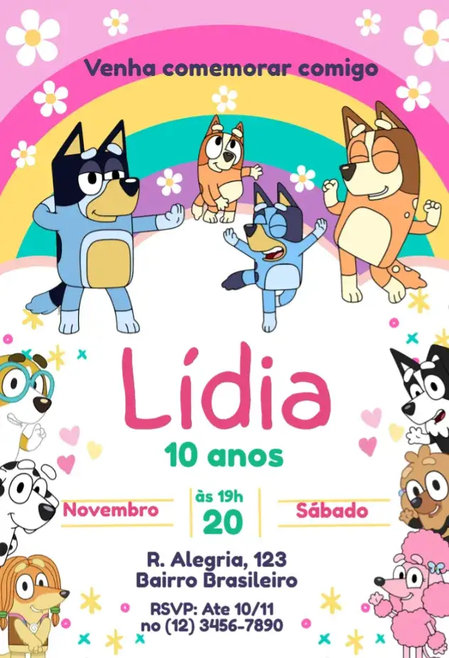 Invitación Convite Bluey e Bingo Alegre – tema Aniversário Infantil azul, divertido, infantil, colorido, animais, temática de desenhos