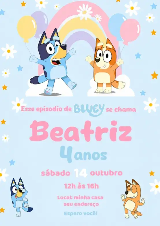 Convite Convite Bluey e Bingo – tema Aniversário colorido, divertido, infantil, lúdico, temática de desenho animado, azul