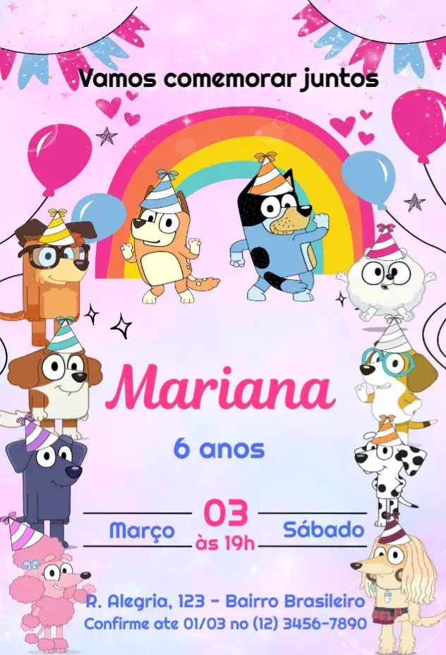 Invitación Convite Bluey e Bingo Festa – tema Aniversário Infantil colorido, divertido, infantil, cartoon, moderno, temático