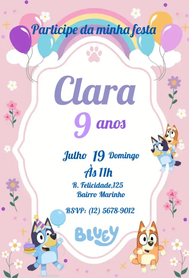 Invitación Convite Bluey e Bingo Flores – tema Aniversário Infantil colorido, divertido, infantil, ilustrações de personagens, flores, temática de desenhos animados