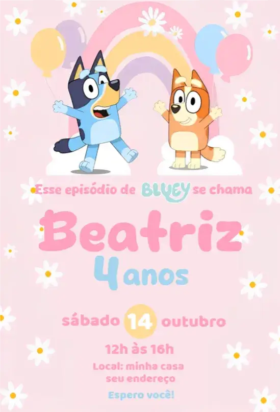 Convite Convite Bluey Menina – tema Aniversário colorido, lúdico, infantil, rosa, divertido