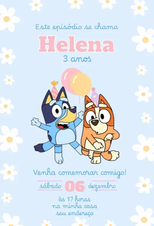 Convite Convite Bluey Menina azul – tema Aniversário Infantil vibrante, colorido, lúdico, divertido, infantil, alegre