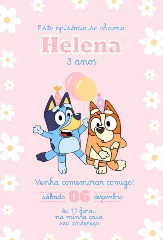 Convite Convite Bluey Menina Rosa 2 – tema Aniversário Infantil rosa claro, divertido, infantil, temático, colorido, alegre