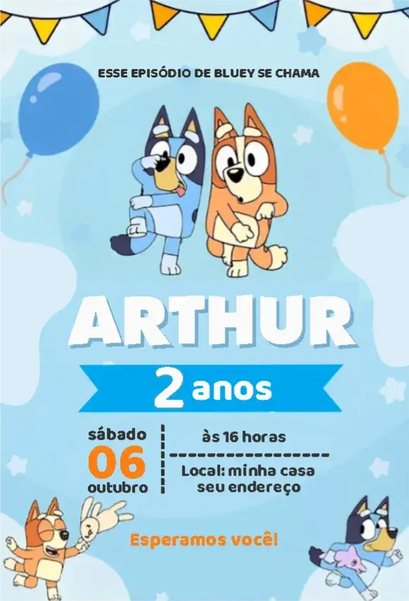 Convite Convite Bluey Menino Balões – tema Aniversário Infantil divertido, colorido, infantil, temático, animado