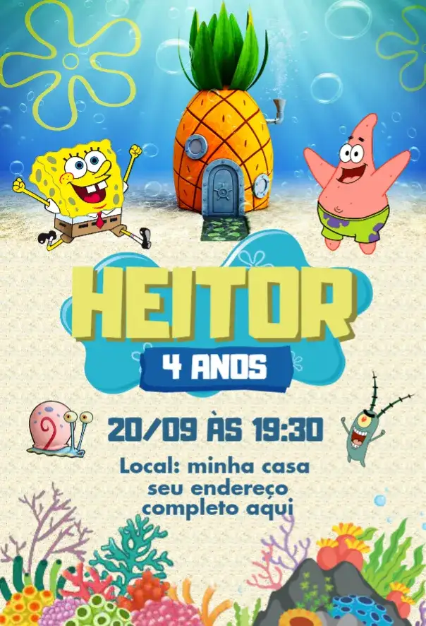 Convite Convite Bob Esponja – tema Aniversário colorido, marinho, divertido, infantil, animado