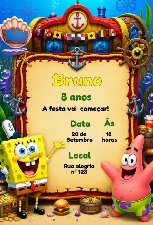 Convite Convite Bob Esponja – tema Aniversário Infantil colorido, marinho, divertido, vibrante, ilustrações animadas, tropical