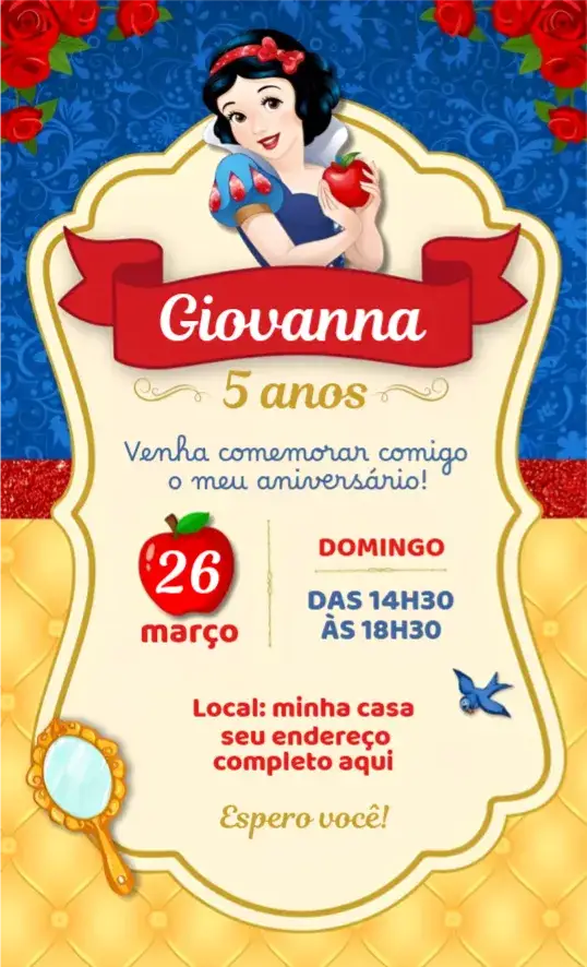 Convite Convite Branca de Neve – tema Aniversário cores vibrantes, ilustrações lúdicas, elementos de contos de fadas, estilo infantil, design divertido, tema mágico