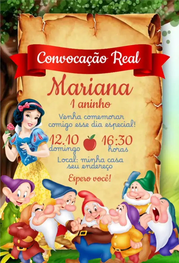 Convite Convite Branca de Neve – tema Aniversário cores vibrantes, estilo conto de fadas, ilustrações de princesas, elementos da floresta, estilo vintage, toque romântico