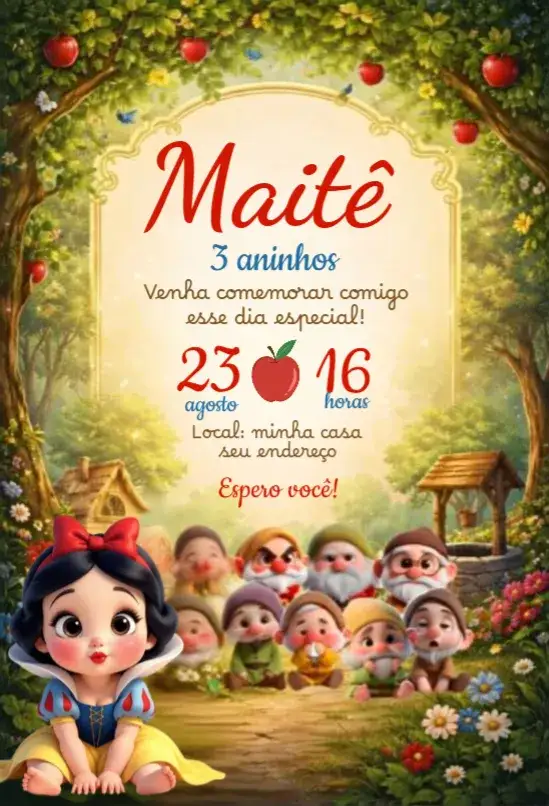 Invitación Convite Branca de Neve – tema Aniversário cores suaves, estilo encantador, elementos gráficos de princesas, tema Disney, detalhes florais