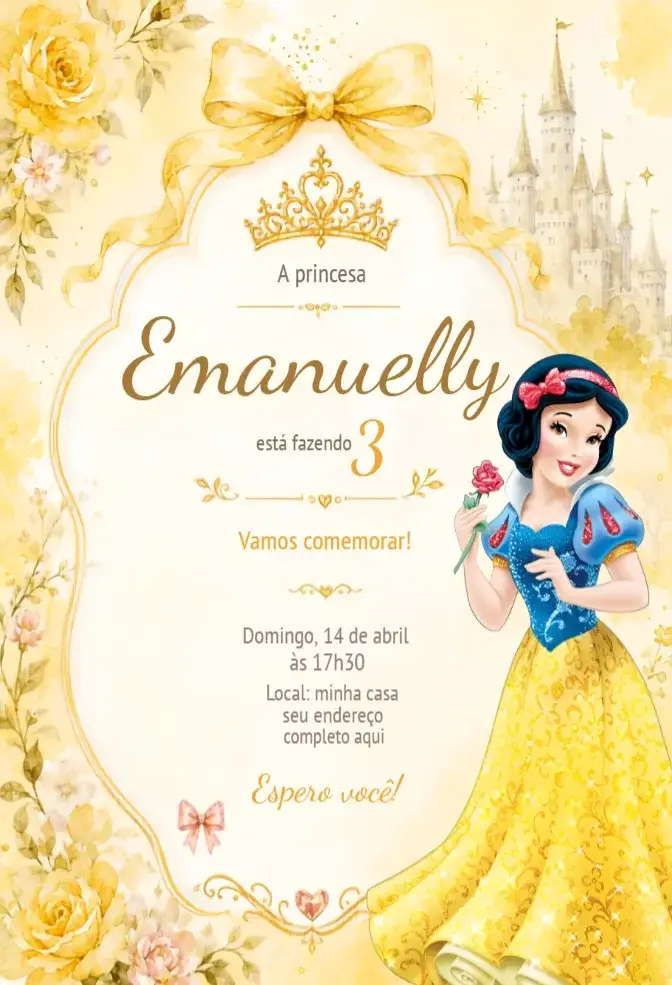 Invitación Convite Branca de Neve – tema Aniversário cores vibrantes, estilo clássico, elementos de contos de fadas, design luxuoso, gráficos da Disney, temática mágica