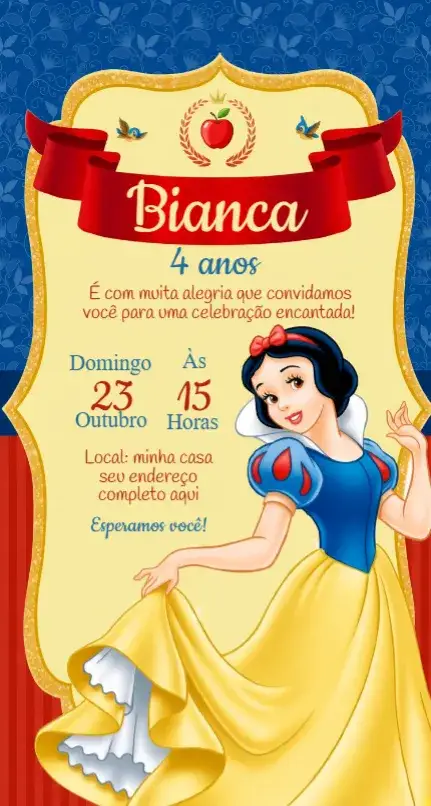 Convite Convite Branca de Neve – tema Aniversário mágico, colorido, conto de fadas, alegre, divertido