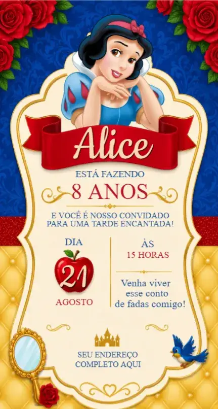 Convite Convite Branca de Neve – tema Aniversário temática Disney, cores vibrantes, elementos de conto de fadas, ilustrações de princesas, estilo lúdico, detalhes florais