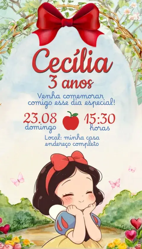Convite Convite Branca de Neve – tema Aniversário aquarela, cute, cores suaves, mágico, infantil, temática Disney