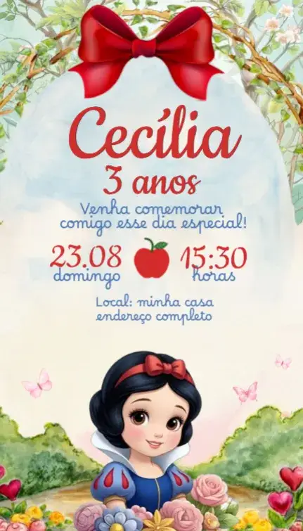 Convite Convite Branca de Neve – tema Aniversário aquarela, disney, princesas, cores suaves, infantil, mágico