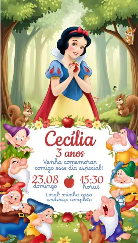 Convite Convite Branca de Neve – tema Aniversário mágico, colorido, fantasia, princesas, lúdico, conto de fadas