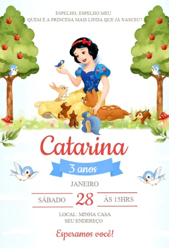 Convite Convite Branca de Neve – tema Aniversário aquarela, colorido, infantil, lúdico, fadas, contos de fadas