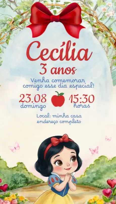 Convite Convite Branca de Neve – tema Aniversário cores pastel, ilustrações de princesas, elementos mágicos, estilo encantado, detalhes florais