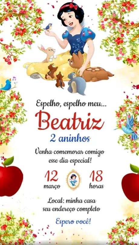 Invitación Convite Branca de Neve – tema Aniversário colorido, mágico, infantil, ilustrações encantadoras, estilo Disney, princesas