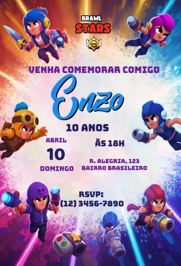 Convite Convite Brawl Stars – tema Aniversário Infantil colorido, jogos, divertido, temático, vibrante