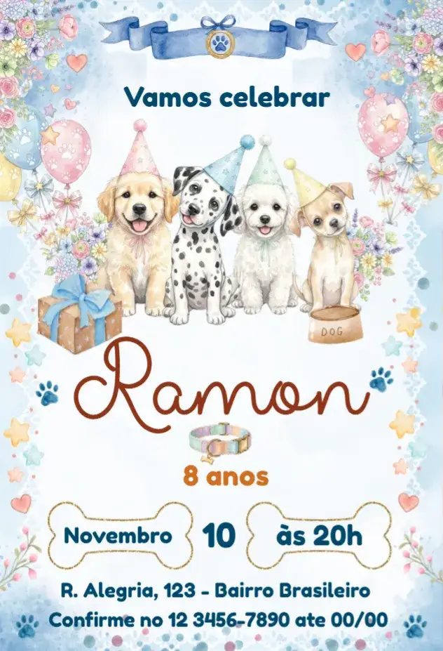 Invitación Convite Cachorros – tema Aniversário Infantil colorido, divertido, lúdico, animais, feliz, jovial