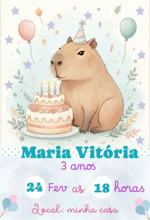 Convite Convite Capivara – tema Aniversário Infantil colorido, divertido, animais, natureza, tropical, moderno
