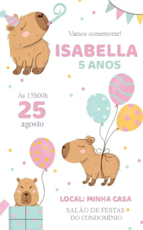 Convite Capivara rosa e branco