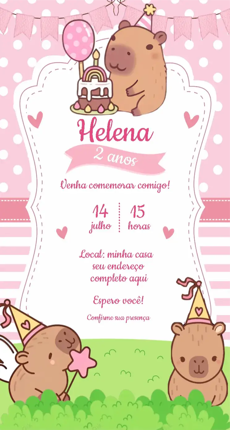 Convite Convite Capivara Rosa – tema Aniversário Infantil rosa, mágico, fadas, princesas, lúdico, divertido