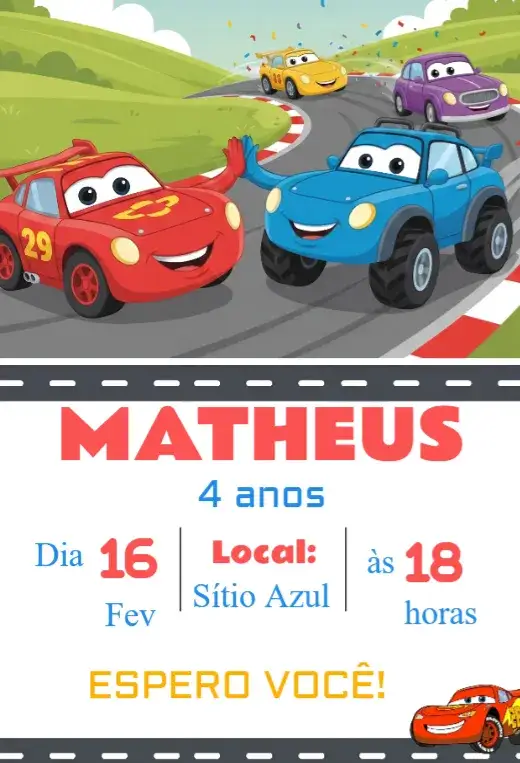 Convite Convite Carros – tema Aniversário Infantil colorido, divertido, temático, automobilístico, infantil