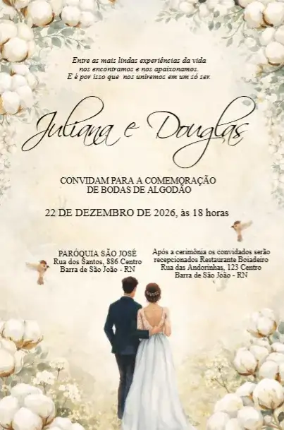 Convite Casamento Aquarela Casal de Noivos Bodas de Algodão Editavel