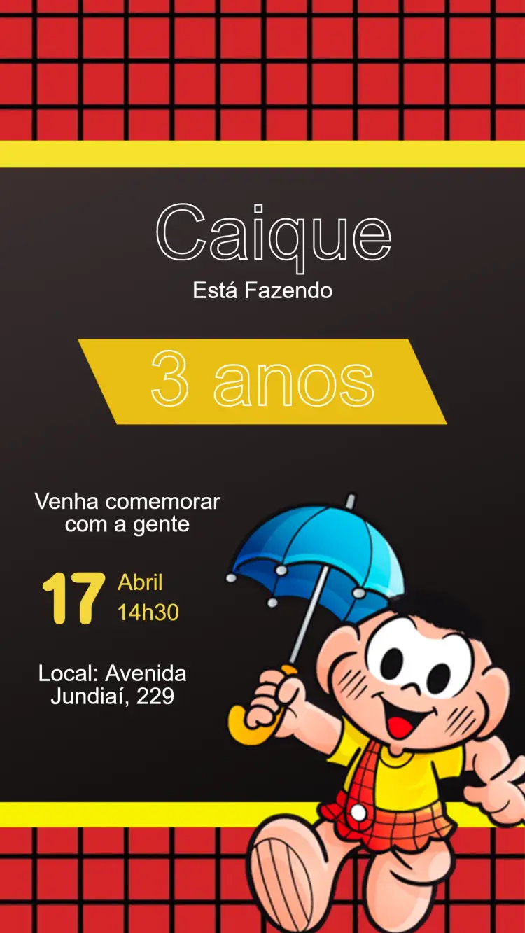 Convite Convite Cascão Turma da Mônica - Festa Infantil Editável – tema Aniversário Infantil colorido, divertido, infantil, personagens da Mônica, ilustrações alegres, design moderno