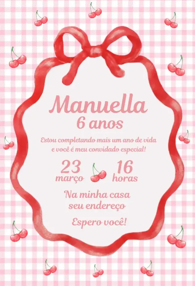 Convite Convite cerejinha 2 – tema Aniversário cerejas, xadrez, vermelho, rosa, branco, divertido