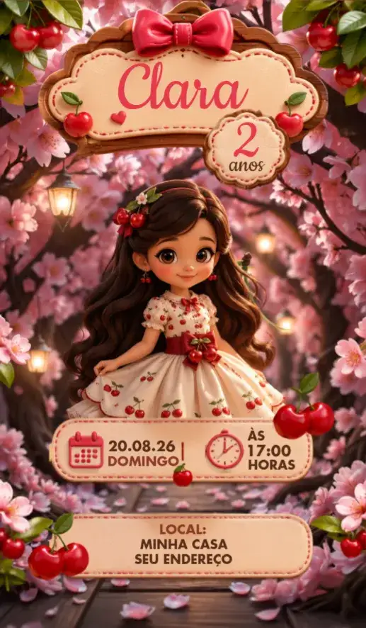 Convite Convite Cerejinha – tema Aniversário colorido, lúdico, divertido, frutal, moderno, infantil